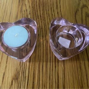 2 Crate&Barrel Pink Heart Glass Candle Holders